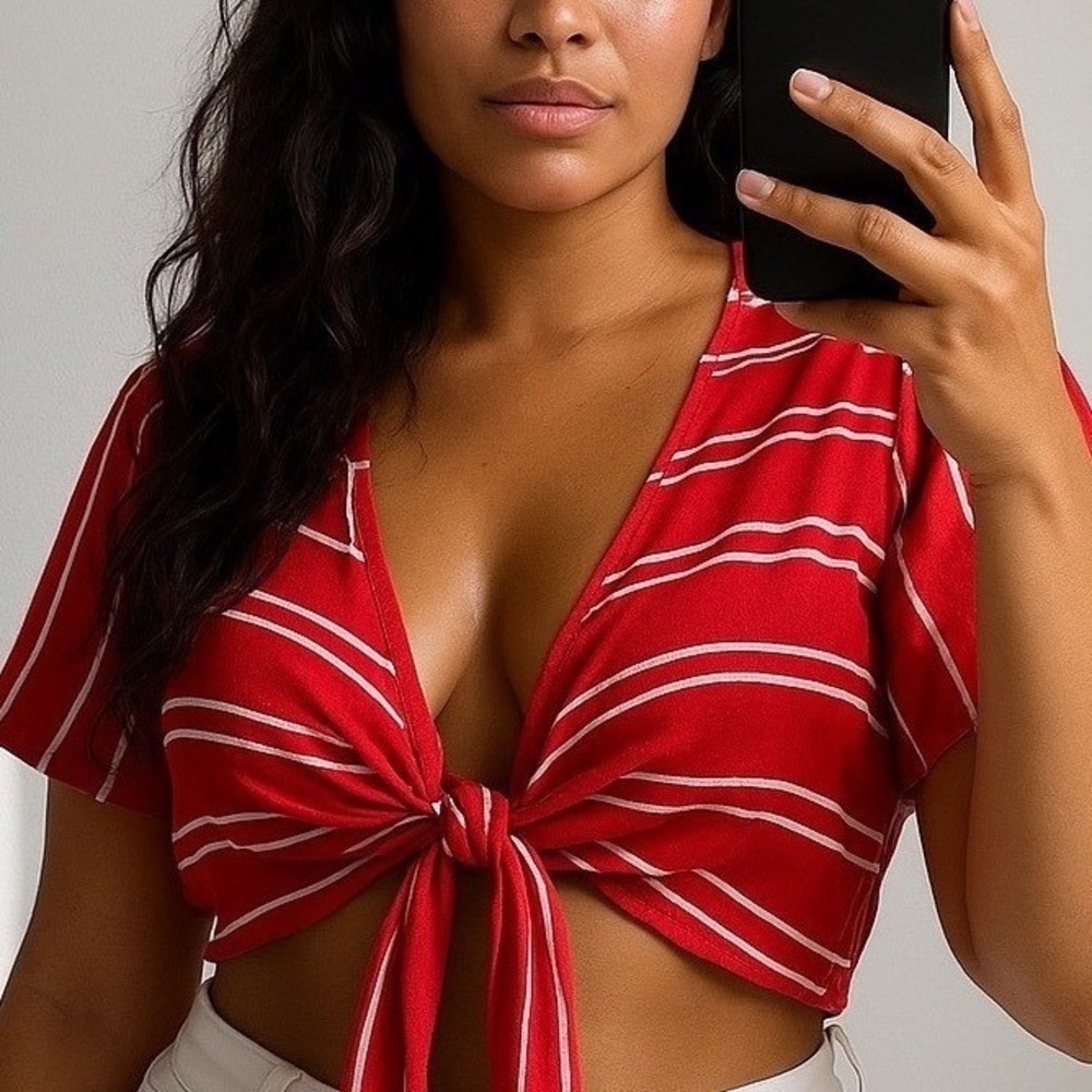 William B Womens Crop Wrap‎ Top M/L Red V-neck Front Tie Beach Festival